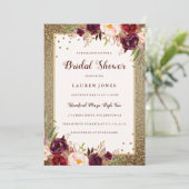 バーガンディ フラワー スパークル ゴールド ブライダル シャワー 招待状 (スタンド正面)