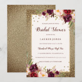 バーガンディ フラワー スパークル ゴールド ブライダル シャワー 招待状 (正面/裏面)