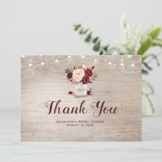 バーガンディ フラワー メイソンジャー ブライダルシャワー サンクス サンキューカード (スタンド正面)