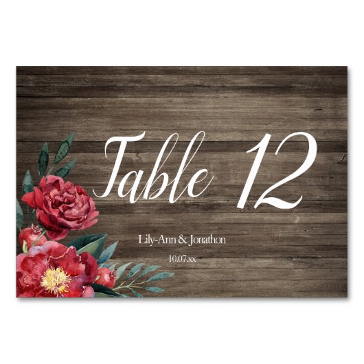 バーガンディ フラワー ラスティック ウッド ウェディング テーブル ナンバー テーブルナンバー (正面)