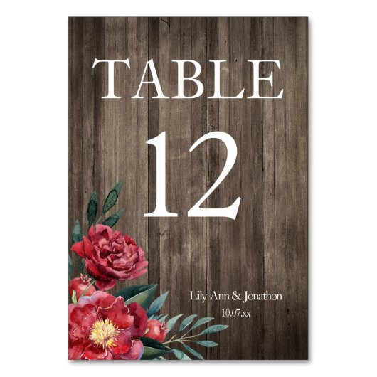バーガンディ フラワー ラスティック ウッド ウェディング テーブル ナンバー テーブルナンバー (正面)