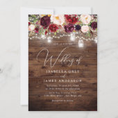 バーガンディ フラワー ラスティック ウッド ウェディング 招待状 (正面)
