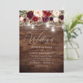 バーガンディ フラワー ラスティック ウッド ウェディング 招待状 (スタンド正面)