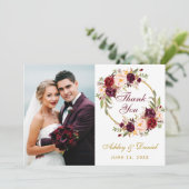 バーガンディ フラワー リース ゴールド 結婚式 フォト サンクス サンキューカード (スタンド正面)