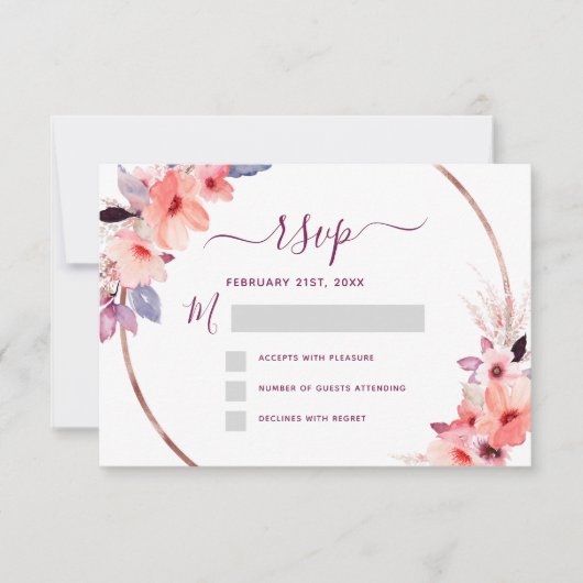 バーガンディ フラワー ローズゴールド ジオメトリック ウェディングへの返信 招待状 (正面)