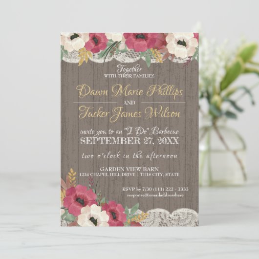 バーガンディ フローラルレース ラスティック BBQ ウェディング レセプション 招待状 (スタンド正面)