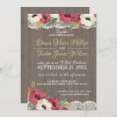 バーガンディ フローラルレース ラスティック BBQ ウェディング レセプション 招待状 (正面/裏面)