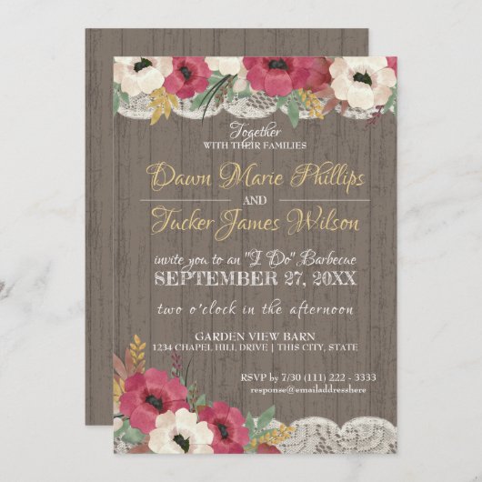バーガンディ フローラルレース ラスティック BBQ ウェディング レセプション 招待状 (正面/裏面)