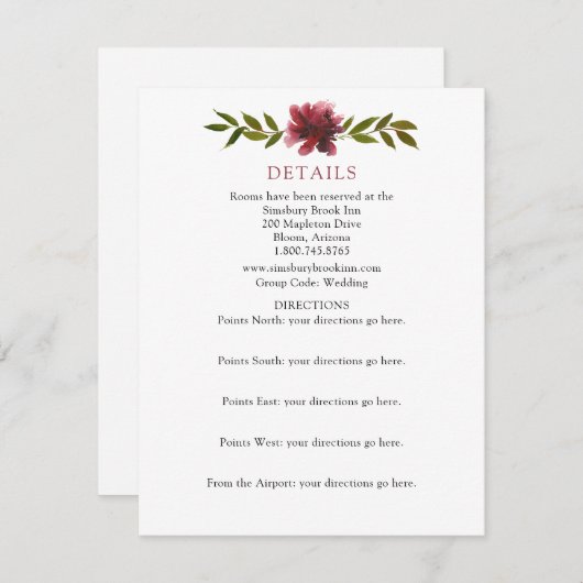 バーガンディ フローラル ウェディングの詳細と案内 エンクロージャーカード (正面/裏面)