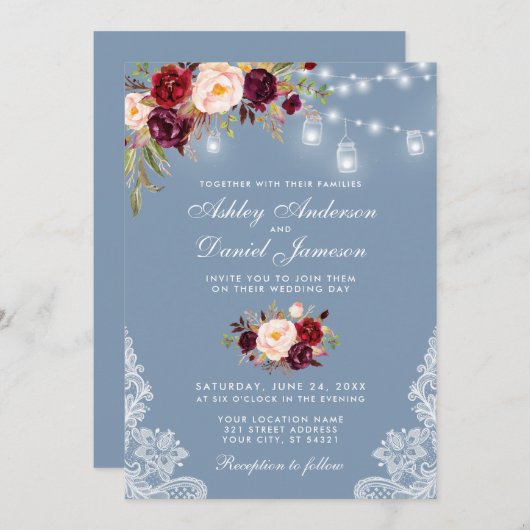 バーガンディ フローラル ダスティーブルー ウェディング ライト レース 招待状 (正面/裏面)