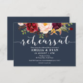 バーガンディ フローラル ネイビー ウェディング リハーサル 招待状 (正面/裏面)
