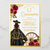 バーガンディ フローラル ブラック ドレス チャロ キンセアニェラ ゴールド 箔招待状 (正面)