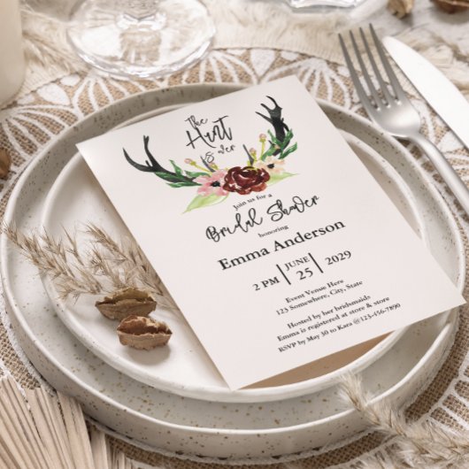 バーガンディ フローラル ボーホー ハントは 終了 ブライダルシャワー 招待状