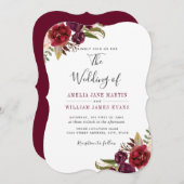 バーガンディ フローラル マルサラ ウォーターカラー ウェディング 招待状 (正面/裏面)