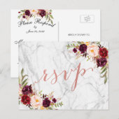 バーガンディ フローラル ローズゴールド マーブル 結婚式 RSVP インビテーションポストカード (正面/裏面)