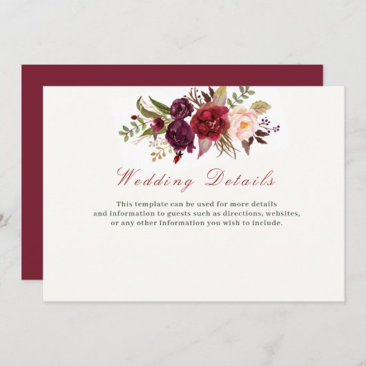 バーガンディ·フローラ結婚·詳細·カード 招待状 (正面/裏面)