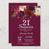 バーガンディ·フローラ·サプライズ21歳の誕生日パーティー 招待状 (正面/裏面)