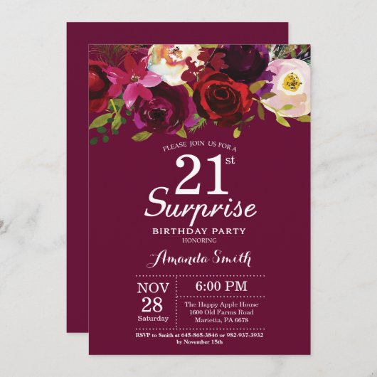 バーガンディ·フローラ·サプライズ21歳の誕生日パーティー 招待状 (正面/裏面)