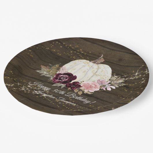 バーガンディ·フローラ·金ゴールド·パンプキン素朴30歳の誕生日 ペーパープレート (アングル)