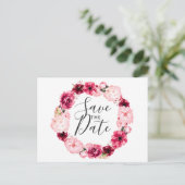 バーガンディ＆ブッシュピンク フラワー リース Save the Date 案内ポストカード (スタンド正面)