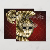 バーガンディ ブラック ゴールド マスカレード パーティー 招待状 (正面/裏面)