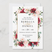 バーガンディ＆ブラッシュピンクの花の結婚式のSave the Date 招待状 (正面)