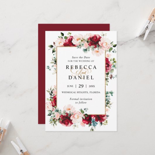 バーガンディ＆ブラッシュピンクの花の結婚式のSave the Date 招待状 (正面/裏面インサイチュ)
