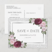 バーガンディ ブラッシュ シルバー ウェディング セーブ・ザ・デート 案内ポストカード (正面/裏面)