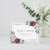 バーガンディ ブラッシュ シルバー ウェディング セーブ・ザ・デート 案内ポストカード (スタンド正面)