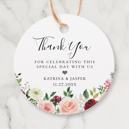 バーガンディ ブラッシュ フラワー ブーケ ウェディング フェイバータグ (正面)