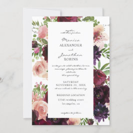 バーガンディ&ブラッシュ フローラル ウェディング 招待状