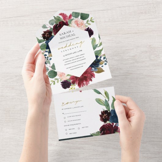 バーガンディ ブラッシュ ブルー グリーン ウォーターカラー フローラル オールイン オールインワン招待状 (貼ってはがせる)