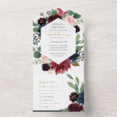 バーガンディ ブラッシュ ブルー グリーン ウォーターカラー フローラル オールイン オールインワン招待状 (内側)