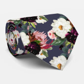 バーガンディ + ブラッシュ 水彩の花 ネクタイ (ロール)