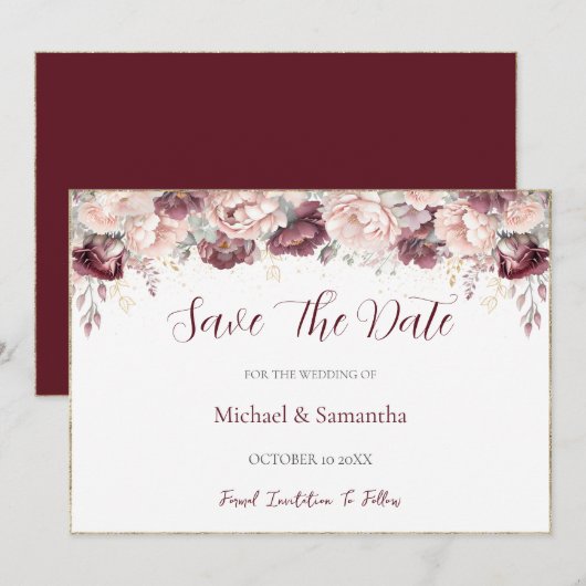 バーガンディ・ブロッサム・ペオニーとバラの結婚式 セーブザデート (正面/裏面)
