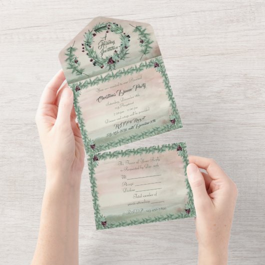 バーガンディ ベリー ホリー パイン クリスマス オールインワン招待状 (貼ってはがせる)