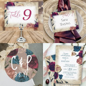 バーガンディ＆ベージュのローズ ウェディング テーブル ナンバー サイン 招待状