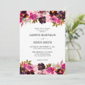 バーガンディ、ホット&赤面ピンク&パープルフローラ結婚ズ 招待状 (スタンド正面)