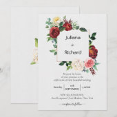 バーガンディ ホワイト フローラル | ブーケ フレーム 結婚式 招待状 (正面/裏面)