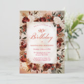 バーガンディ ホワイト ローズ フォール フラワーズ 90歳の誕生日 招待状 (スタンド正面)