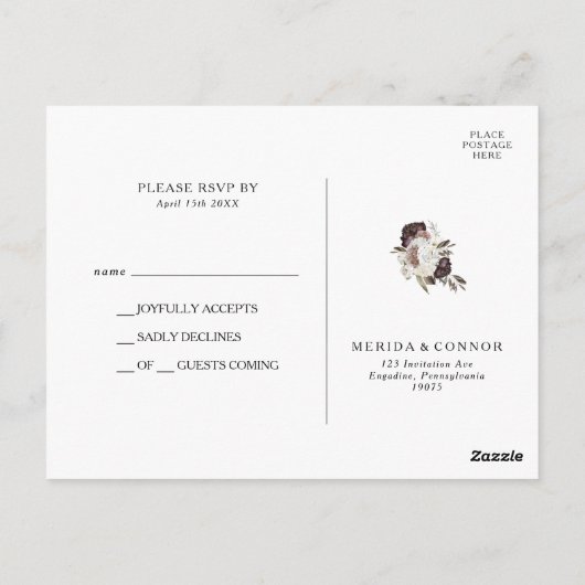 バーガンディ ボーホー フラワーの結婚式への返信はがき ポストカード (裏面)
