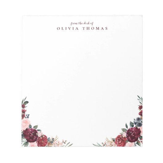 バーガンディ·ボーホー·フローラ文パーソナライズされた房具 ノートパッド (正面)