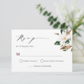 バーガンディ マグノリア フラワーの結婚式の出欠確認カード 出欠カード (スタンド正面)