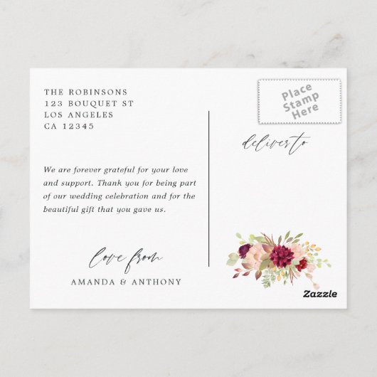 バーガンディ・マサラとブッシュの結婚式写真のお礼 ポストカード (裏面)