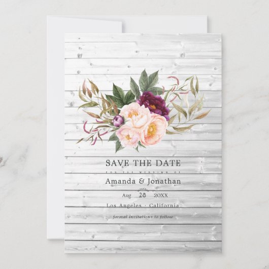 バーガンディ - マルサラとピーチのルースティック フラワー ウェディング セーブザデート (正面)