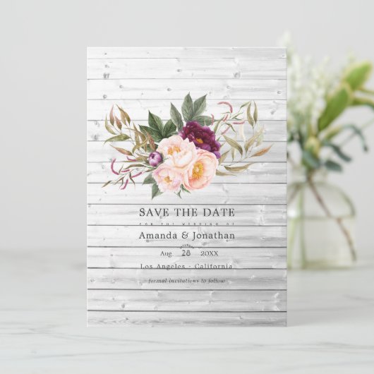 バーガンディ - マルサラとピーチのルースティック フラワー ウェディング セーブザデート (スタンド正面)