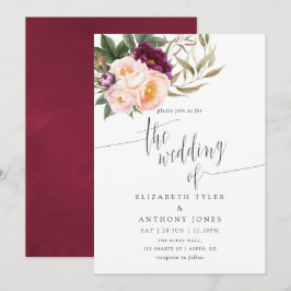 バーガンディ - マルサラとピーチ フローラル ウェディング インビテ 招待状
