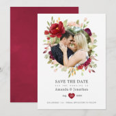 バーガンディ - マルサラとフラッシュ フローラル ウェディング セーブザデート (正面/裏面)