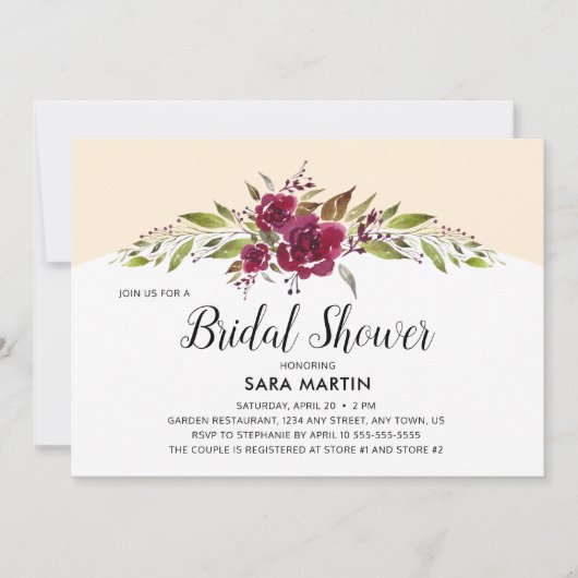 バーガンディ・マルサラフローラと緑 |ブライダル表示 招待状 (正面)