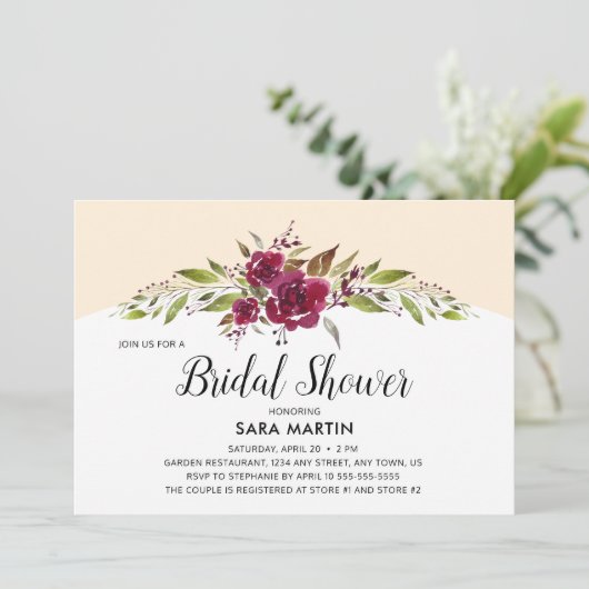 バーガンディ・マルサラフローラと緑 |ブライダル表示 招待状 (スタンド正面)